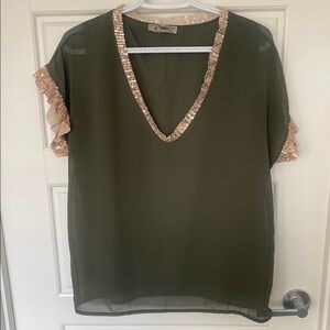 Sheer Green Kaki Rosé Gold  Flutter Sleeve Sequin Blouse